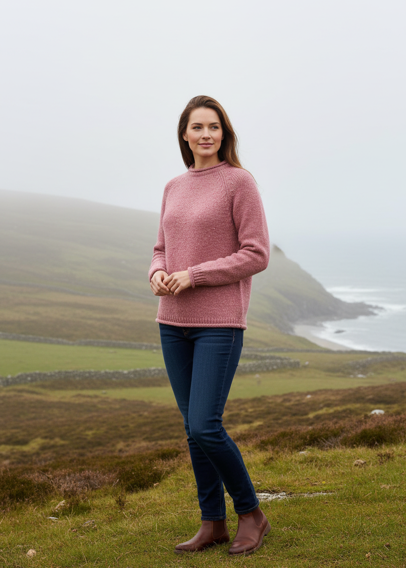 Women's Roll Neck Merino Wool Fisherman Sweater | Pink 