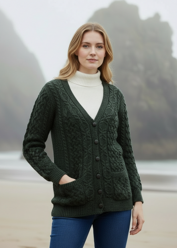 Adare Boyfriend Aran Cardigan in Army Green | 100% Merino Wool