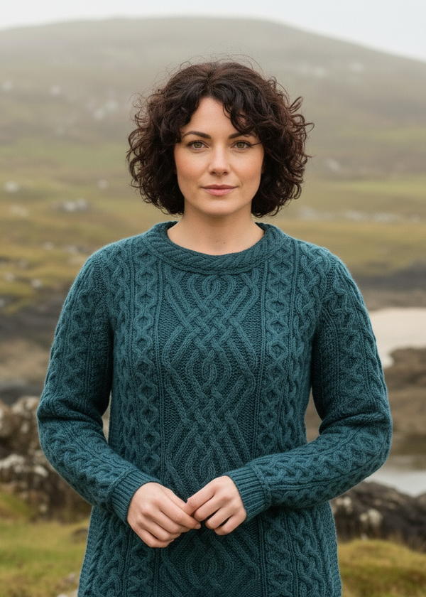 Lifestyle Image 1 - Aran Cable Knit Merino Wool Sweater - Bermuda Blue | Irish Crafted