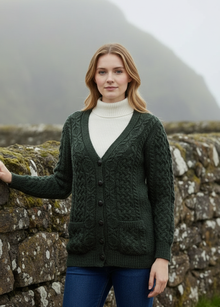 Lifestyle image 2 - Adare Boyfriend Aran Cardigan in Army Green | 100% Merino Wool