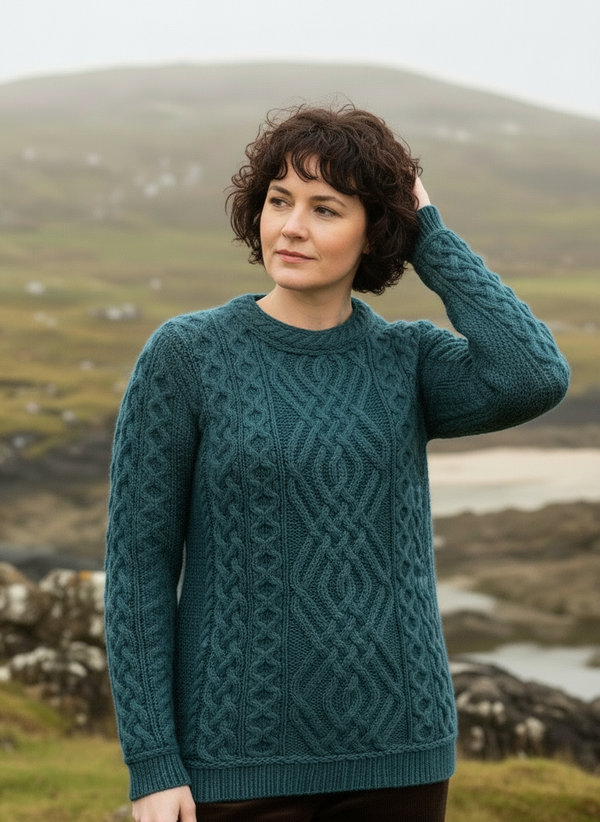 Lifestyle Image 2 Aran Cable Knit Merino Wool Sweater - Bermuda Blue | Irish Crafted