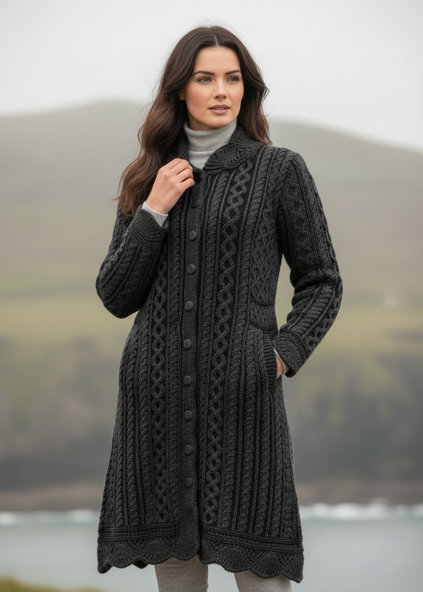 Aran Crafts Scallop Edge Coat | Charcoal Grey Merino Wool