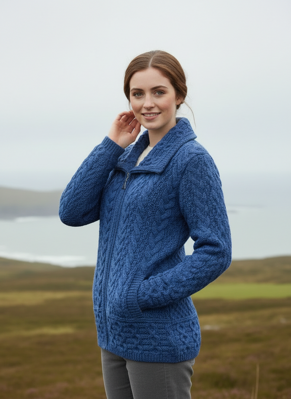 Aran Crafts Double Collar Trinity Cardigan | Blue