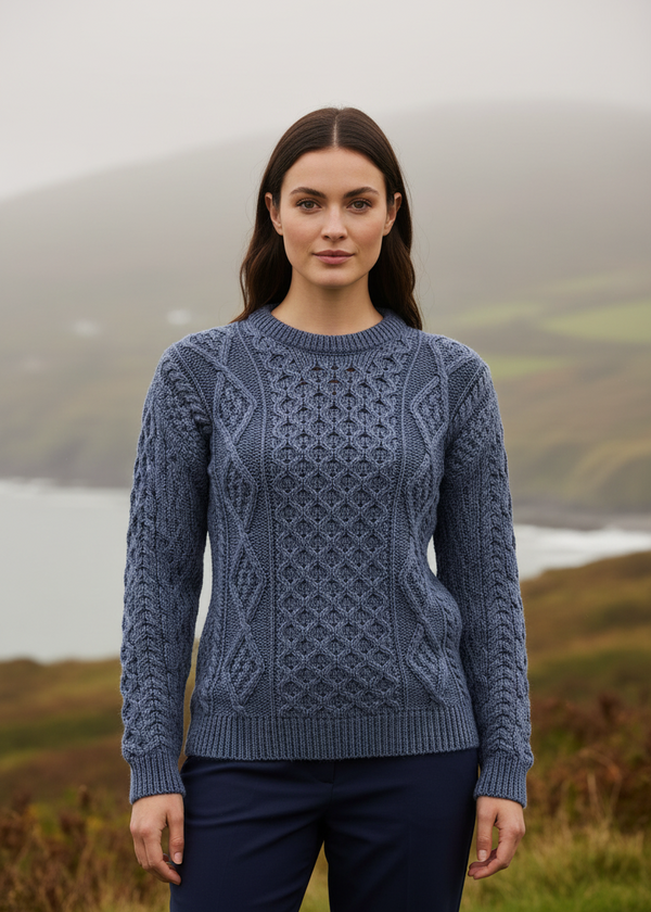Lifestyle image 2-Unisex Aran Worsted Wool Sweater - Traditional Irish Knitwear | Denim