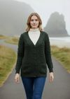 Lifestyle image 3 - Adare Boyfriend Aran Cardigan in Army Green | 100% Merino Wool