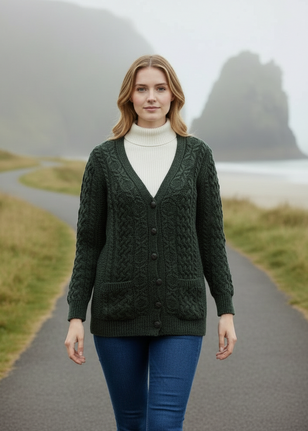 Lifestyle image 3 - Adare Boyfriend Aran Cardigan in Army Green | 100% Merino Wool