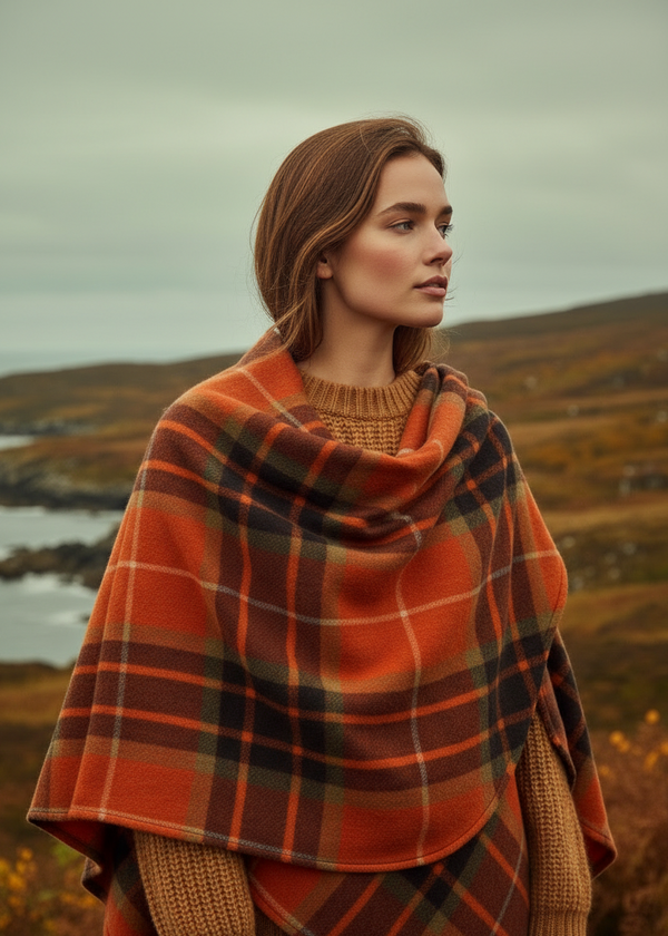 John Hanly Lambswool Cape | Orange Tartan Mix | Irish Wool Shawl