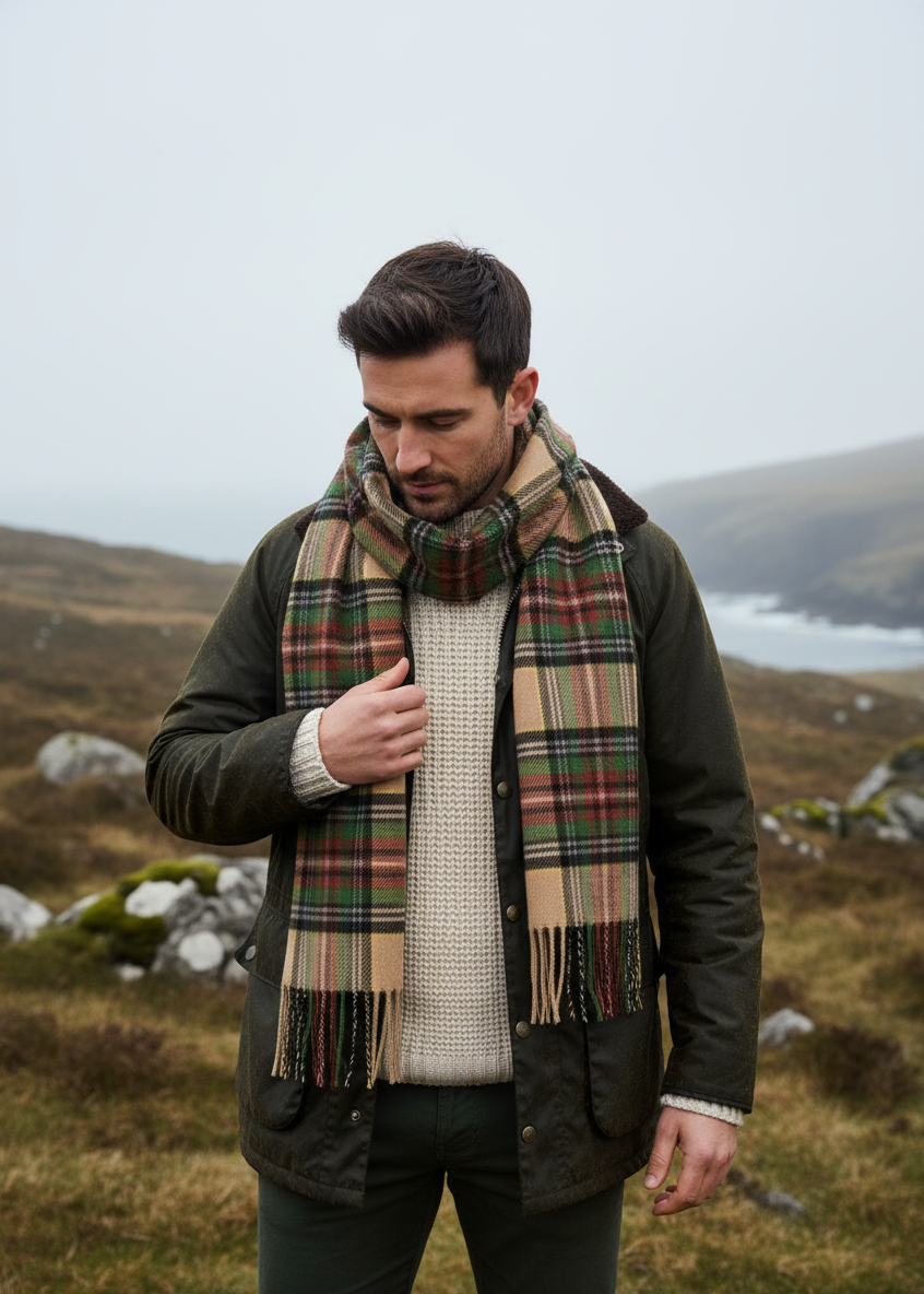 John Hanly Merino Scarf | Green Brown Charcoal Camel Check