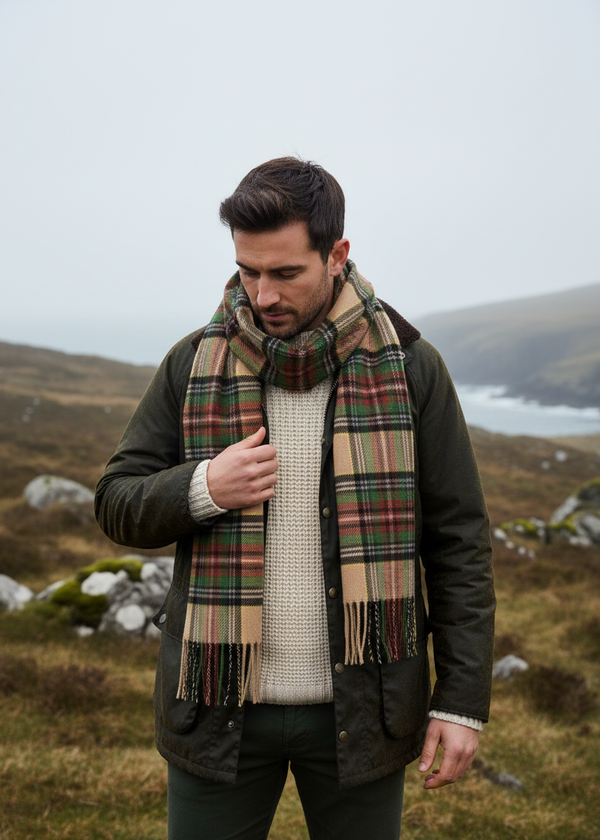 John Hanly Merino Scarf | Green Brown Charcoal Camel Check