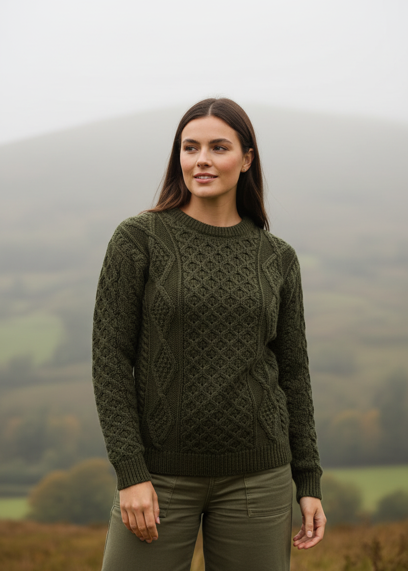 Lifestyle image 3Unisex Aran Worsted Wool Sweater - Traditional Irish Cable Knit | Army Green