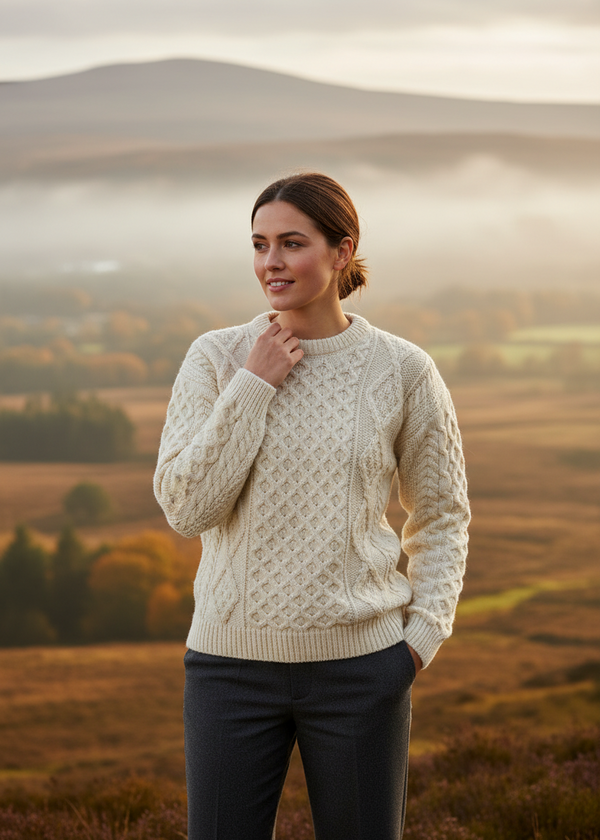 Lifestyle Image 3-Unisex Aran Worsted Wool Sweater | Traditional Irish Knitwear | Natural
