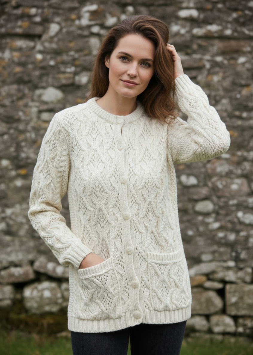 Aran Lace Style Lumber Cardigan | Natural Cream Merino Wool