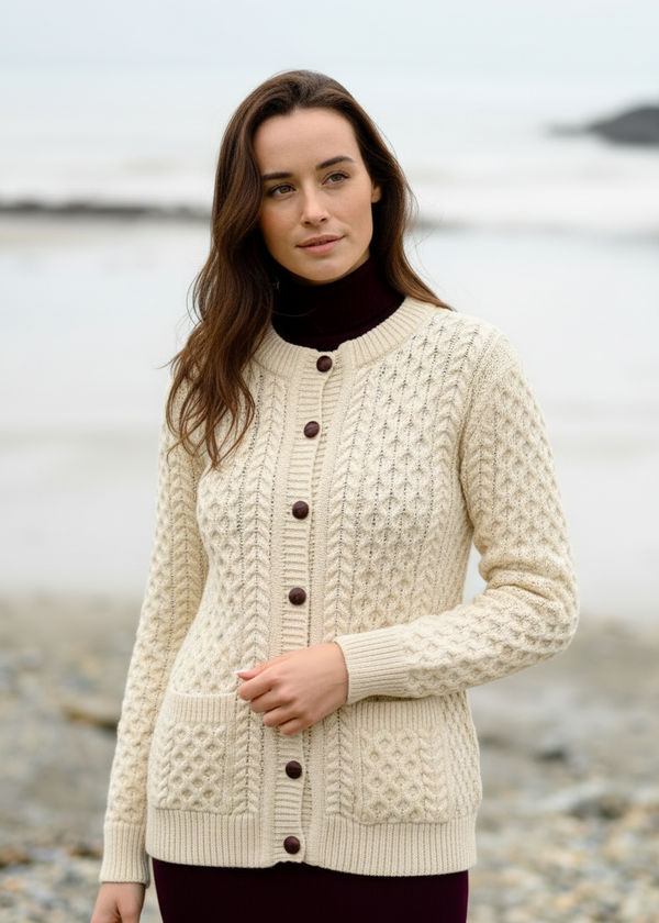 Aran Merino Wool Cable Knit Cardigan | Natural