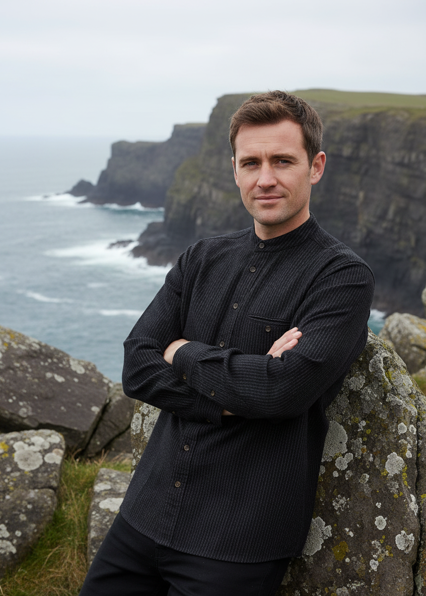 Lee Valley Cotton Grandfather Shirt | Black with Red / Brown Stripe