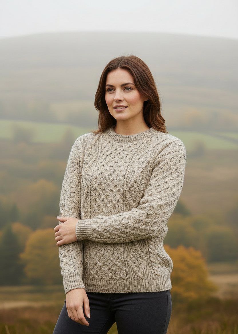 Lifestyle Image - Unisex Aran Wool Sweater | Traditional Irish Knitwear | Flecked Oatmeal