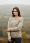 Lifestyle Image - Unisex Aran Wool Sweater | Traditional Irish Knitwear | Flecked Oatmeal