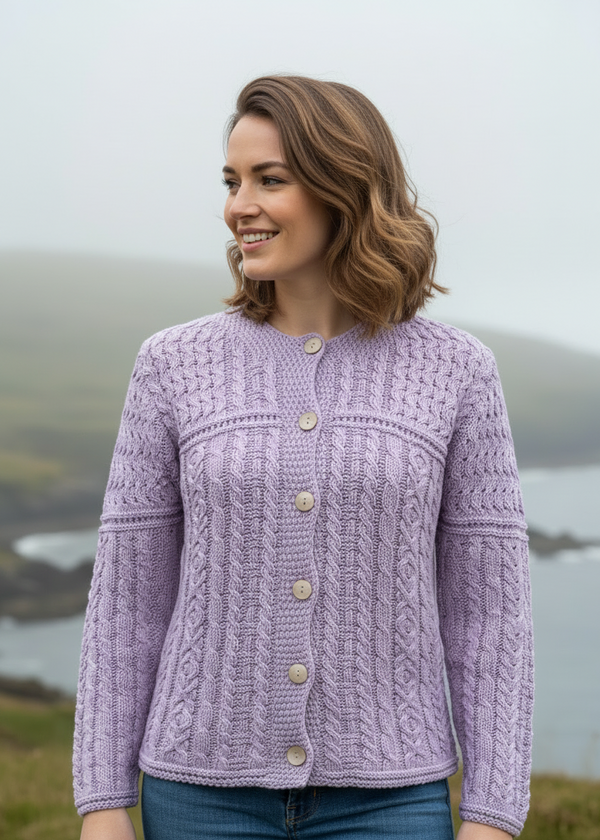Soft Lavender Cable-Knit Aran Cardigan | Irish Cotton Ladies Cardigan