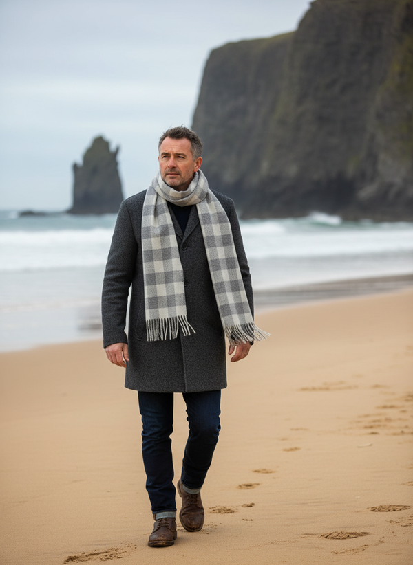 Lifestyle image of man wearing Foxford scarf on Irish beach