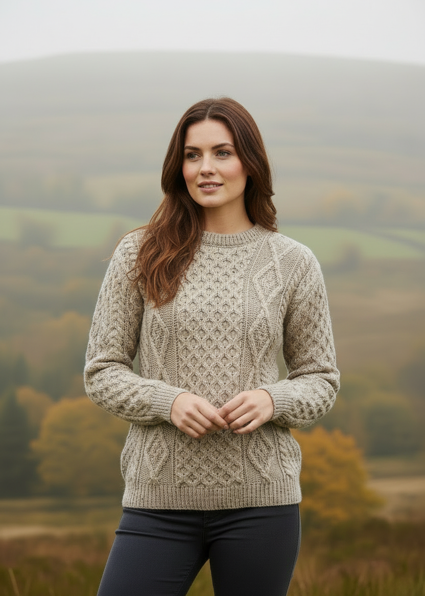 Lifestyle Image - Pose 3-Unisex Aran Wool Sweater | Traditional Irish Knitwear | Flecked Oatmeal
