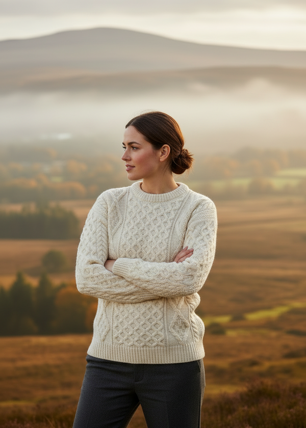 Lifestyle Image - Pose 3-Unisex Aran Worsted Wool Sweater | Traditional Irish Knitwear | Natural