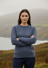 Lifestyle pose 1-Unisex Aran Worsted Wool Sweater - Traditional Irish Knitwear | Denim