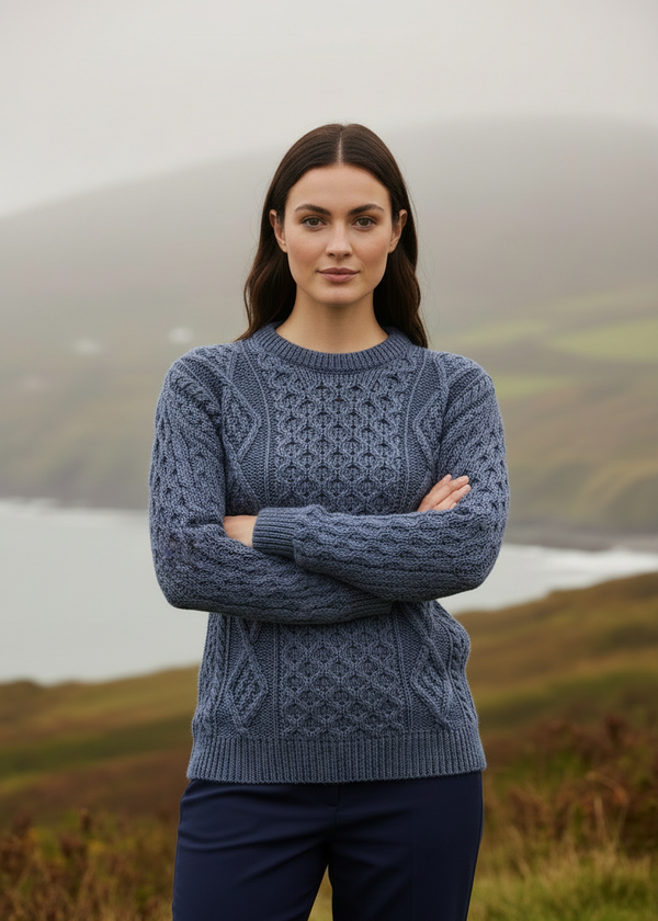 Lifestyle pose 1-Unisex Aran Worsted Wool Sweater - Traditional Irish Knitwear | Denim