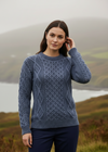 Lifestyle pose 2-Unisex Aran Worsted Wool Sweater - Traditional Irish Knitwear | Denim