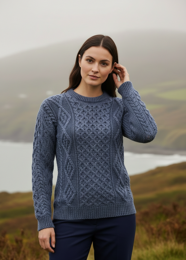 Lifestyle pose 2-Unisex Aran Worsted Wool Sweater - Traditional Irish Knitwear | Denim