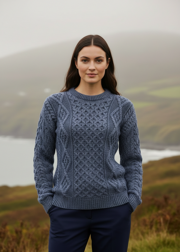 Lifestyle pose 3-Unisex Aran Worsted Wool Sweater - Traditional Irish Knitwear | Denim