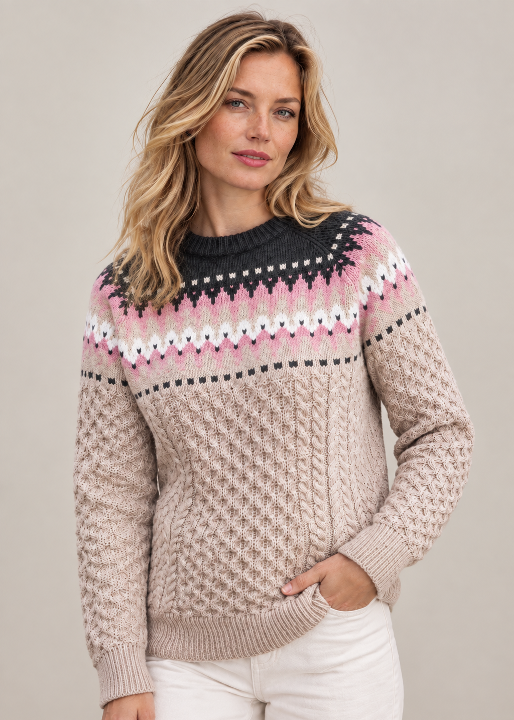 Ladies Slim-Fit Aran Fair Isle Sweater | Beige