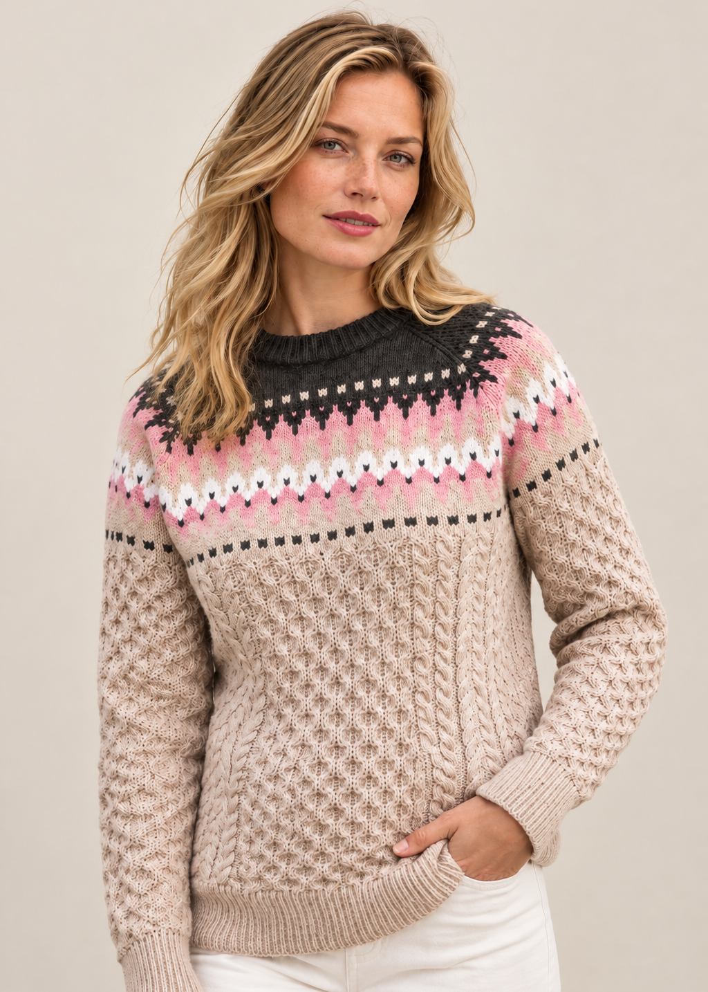 Ladies Slim-Fit Aran Fair Isle Sweater | Beige