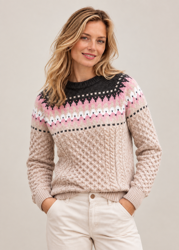 Ladies Slim-Fit Aran Fair Isle Sweater | Beige