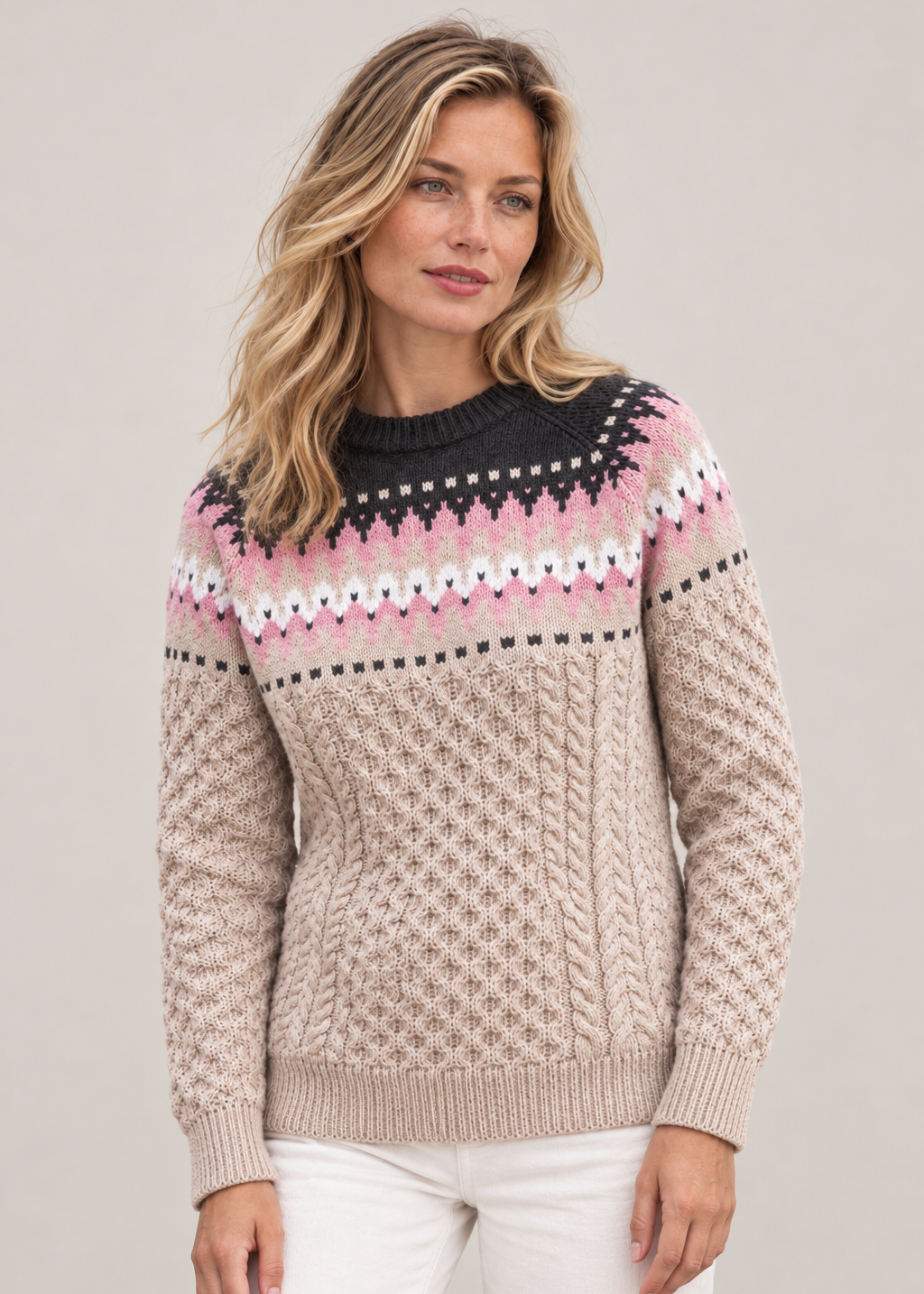 Ladies Slim-Fit Aran Fair Isle Sweater | Beige