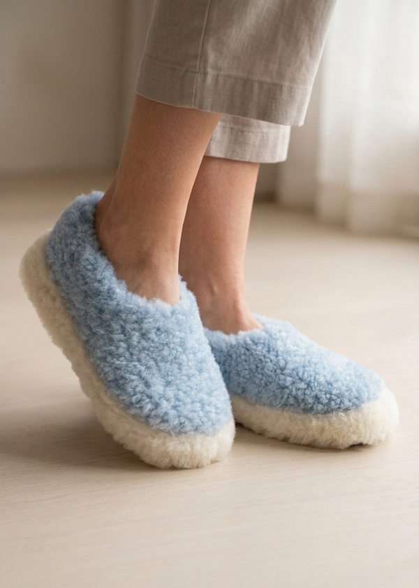 Sheep by the Sea Slippers | Cosy Wool Slippers in Baby Blue