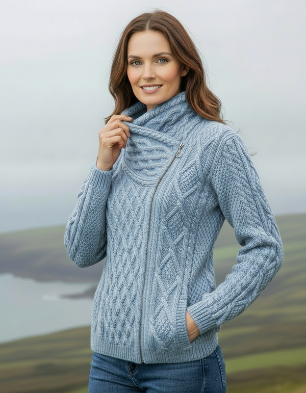 Light sky marl cardigan collar detail