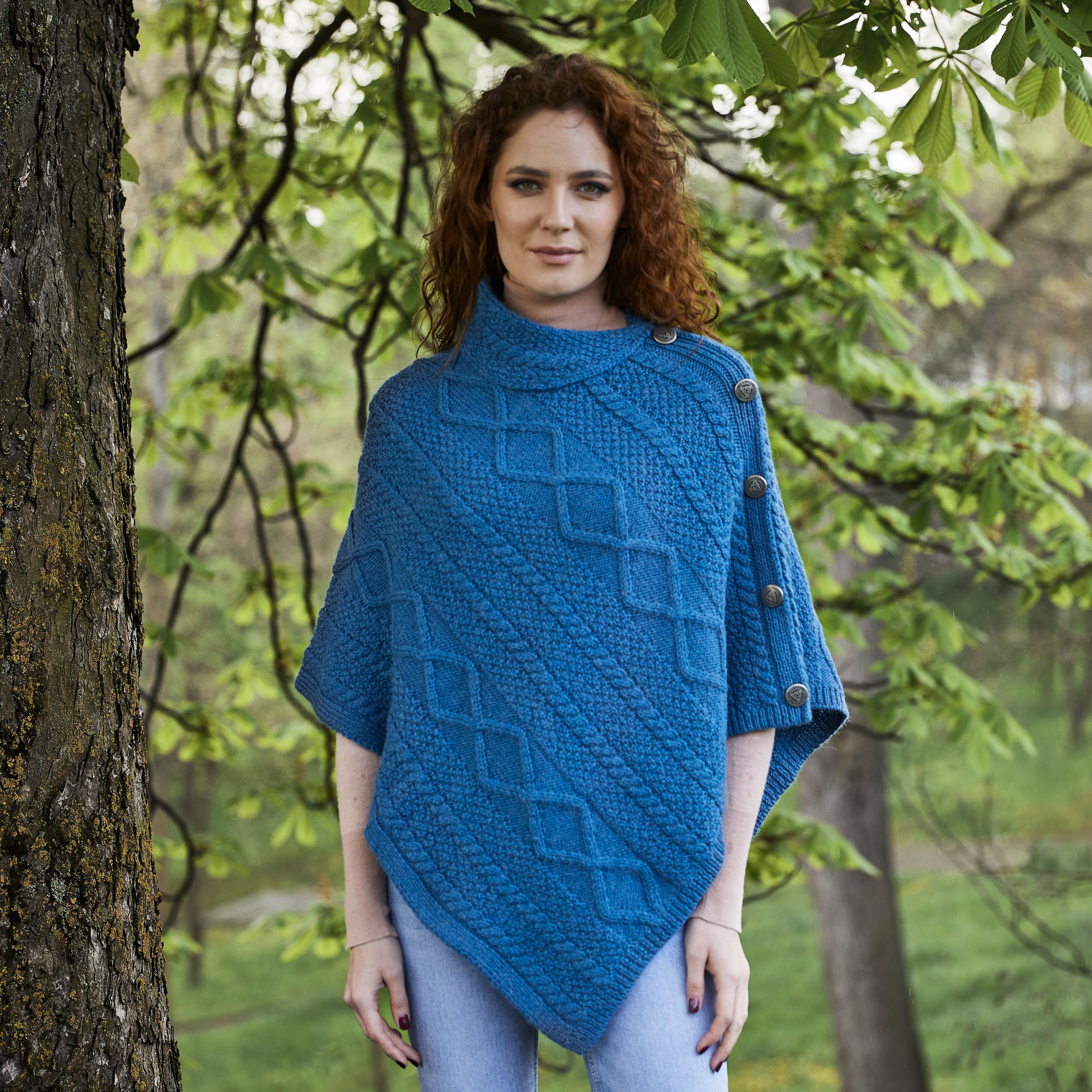 Cable Knit Cowl Neck Aran Poncho | Crystal Teal