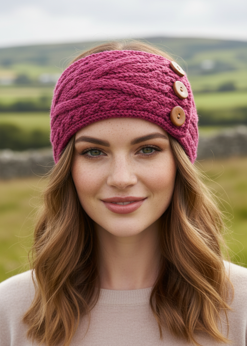 Women's Aran Button Headband | Raspberry