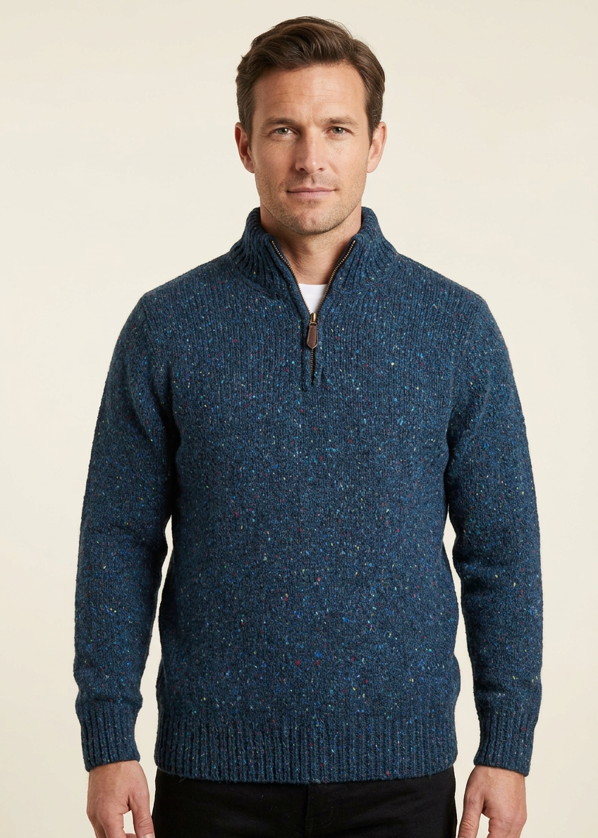 Men’s Flecked Merino Wool Quarter-Zip Fisherman Sweater | Blue