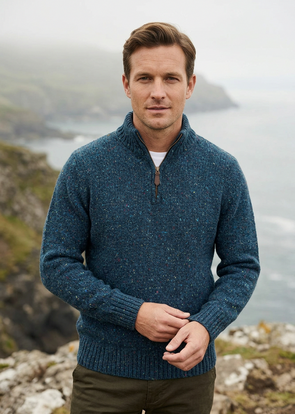 Men’s Flecked Merino Wool Quarter-Zip Fisherman Sweater | Blue - Clearance