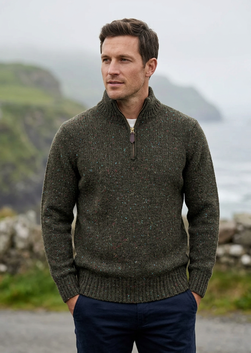 Men’s Flecked Merino Wool Quarter-Zip Fisherman Sweater | Green - Clearance