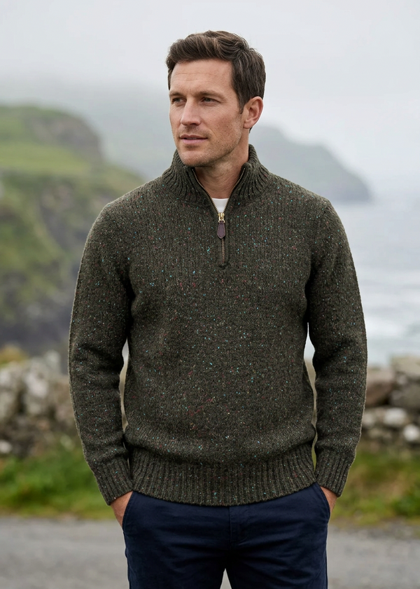 Men’s Flecked Merino Wool Quarter-Zip Fisherman Sweater | Green - Clearance