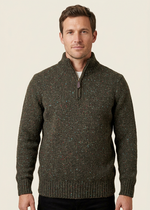 Men’s Flecked Merino Wool Quarter-Zip Fisherman Sweater | Green