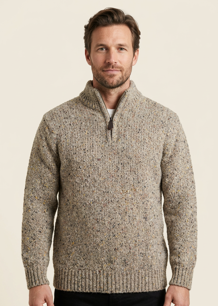 Men’s Flecked Merino Wool Quarter-Zip Fisherman Sweater | Oatmeal