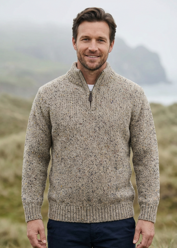 Men’s Flecked Merino Wool Quarter-Zip Fisherman Sweater | Oatmeal - Clearance