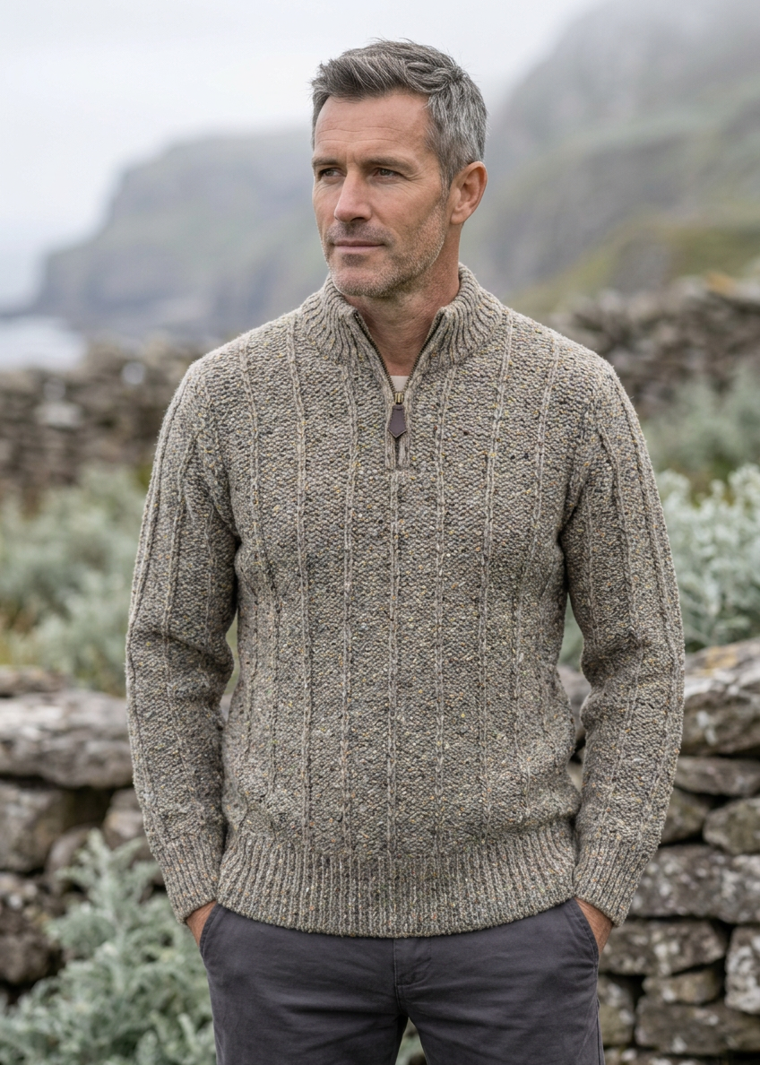 Men’s Flecked Merino Wool Quarter Zip Fisherman Sweater | Light Honey