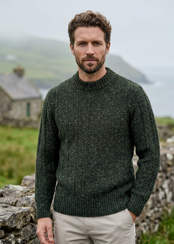 Men's 100% Merino Wool Fisherman Fleck Sweater | Forest Green