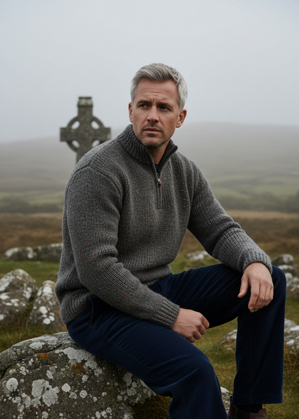 Male model in authentic Donegal tweed jumper at Celtic stone structure