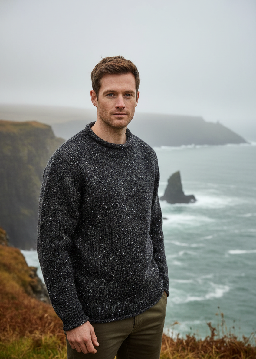 Raheen Tweed Roll Neck Mens Sweater | Charcoal