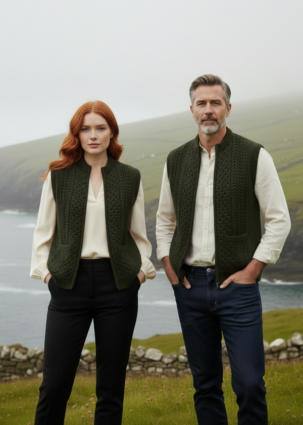 Aran Sleeveless Zip Cardigan | Army Green | Merino Wool