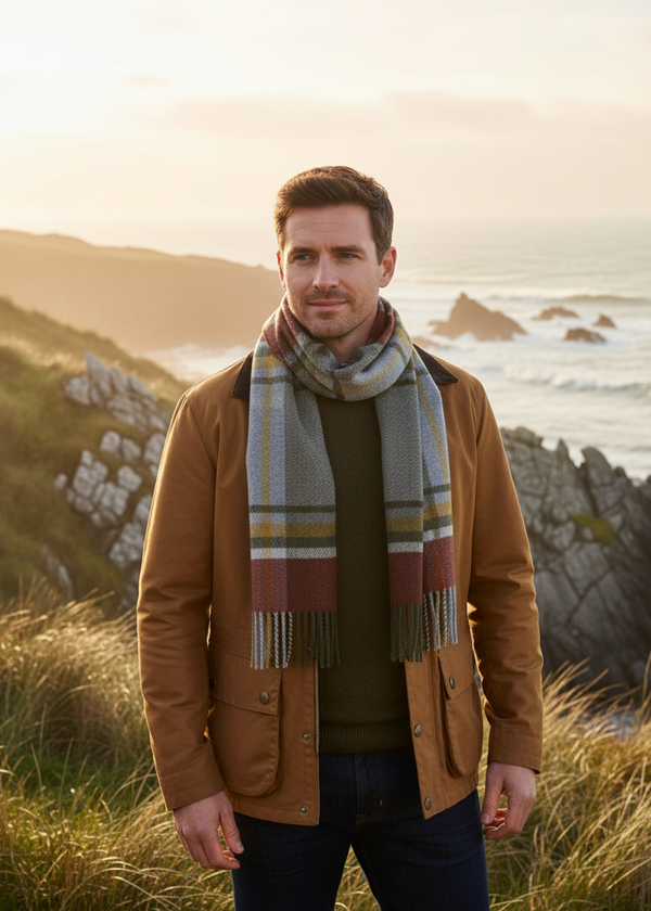Man wearing Foxford scarf on Irish beach